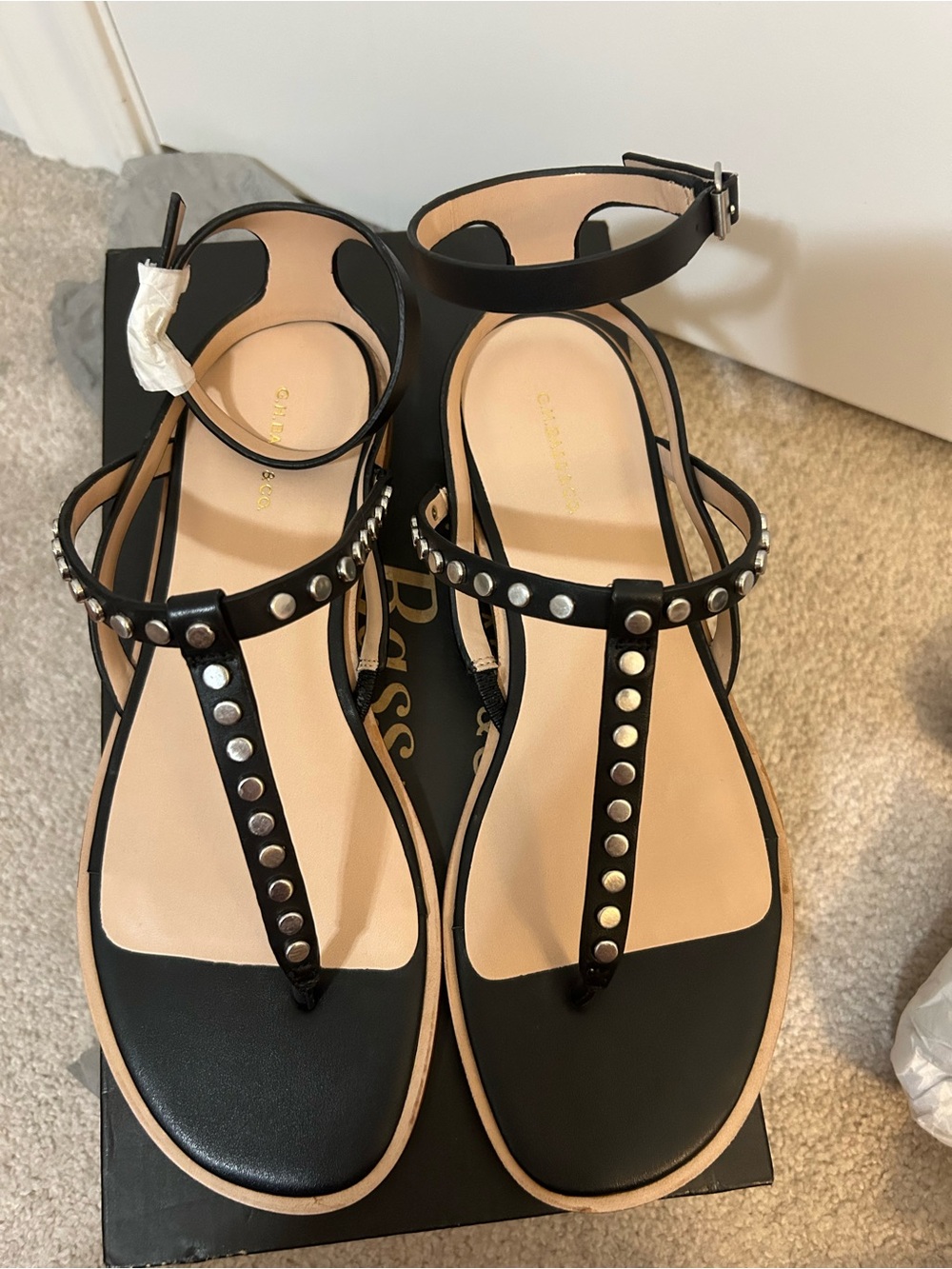 G.H. Bass & Co. Black Studded T-Strap Ankle Sandals